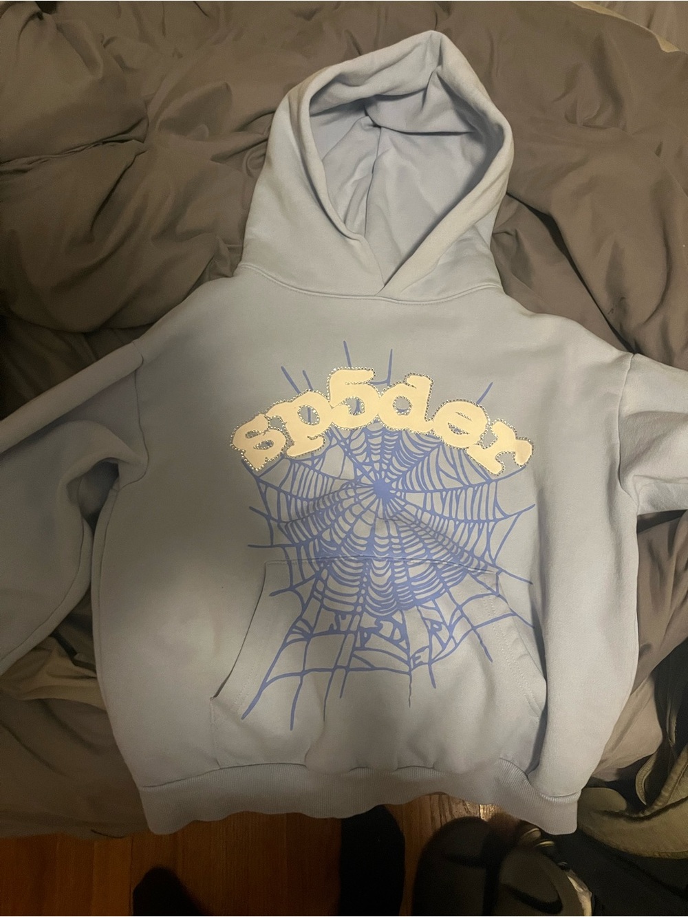 Sp5der Light Blue Hoodie with Cream Logo